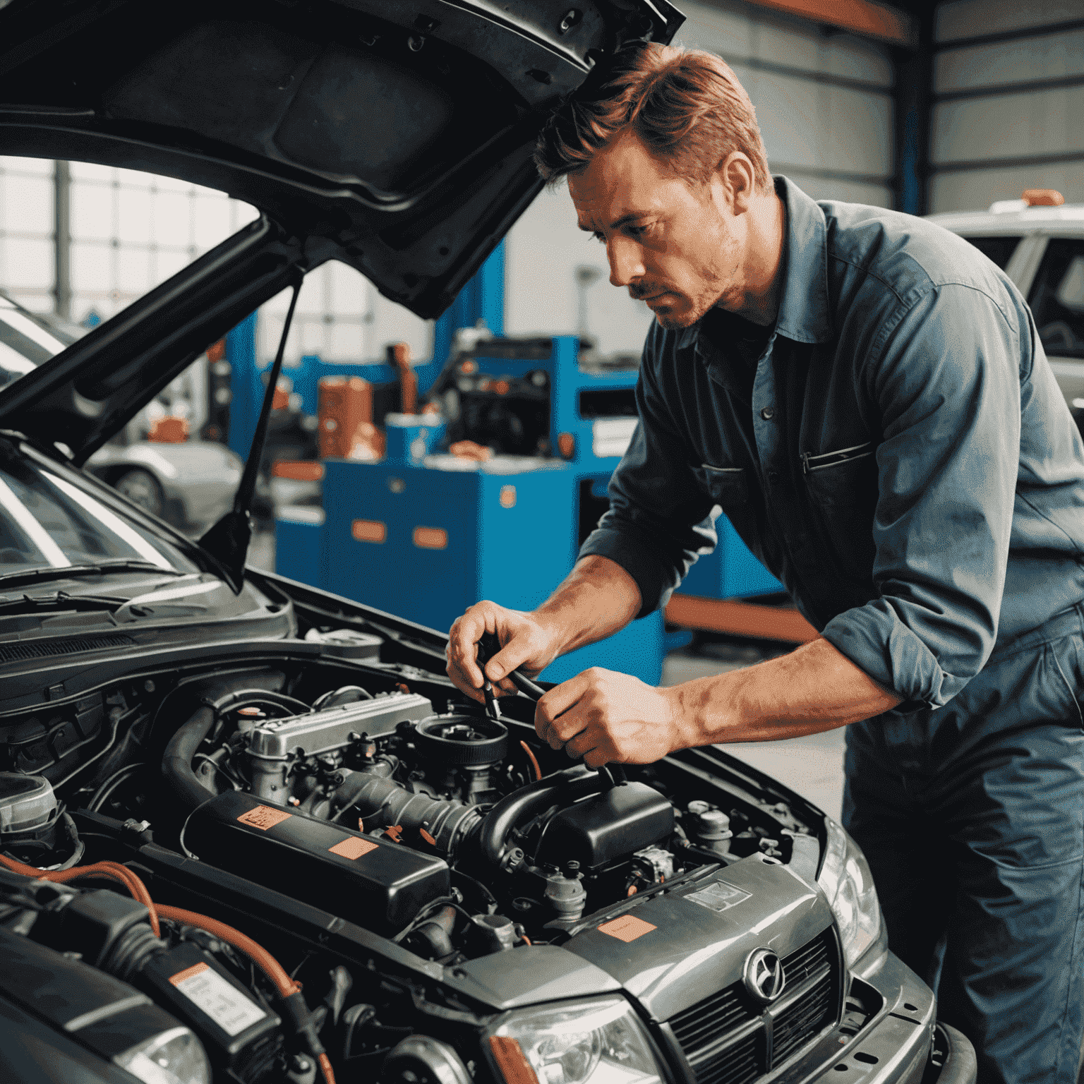 Een monteur die een auto met hoge kilometerstand inspecteert, met focus op de motor en het dashboard