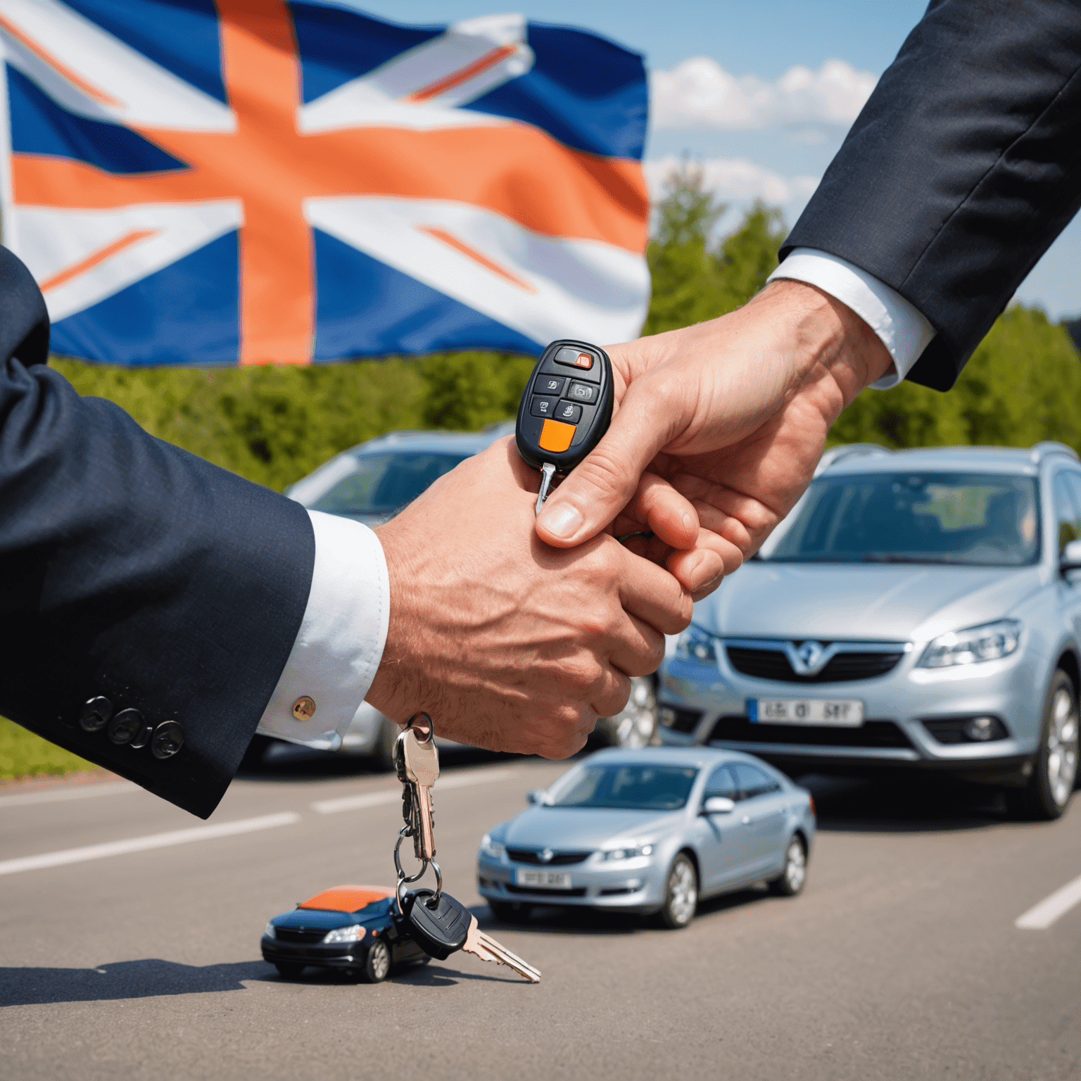 Een hand die een autosleutel overhandigt aan een andere hand, met op de achtergrond een verzekeringspolis en een Nederlandse vlag