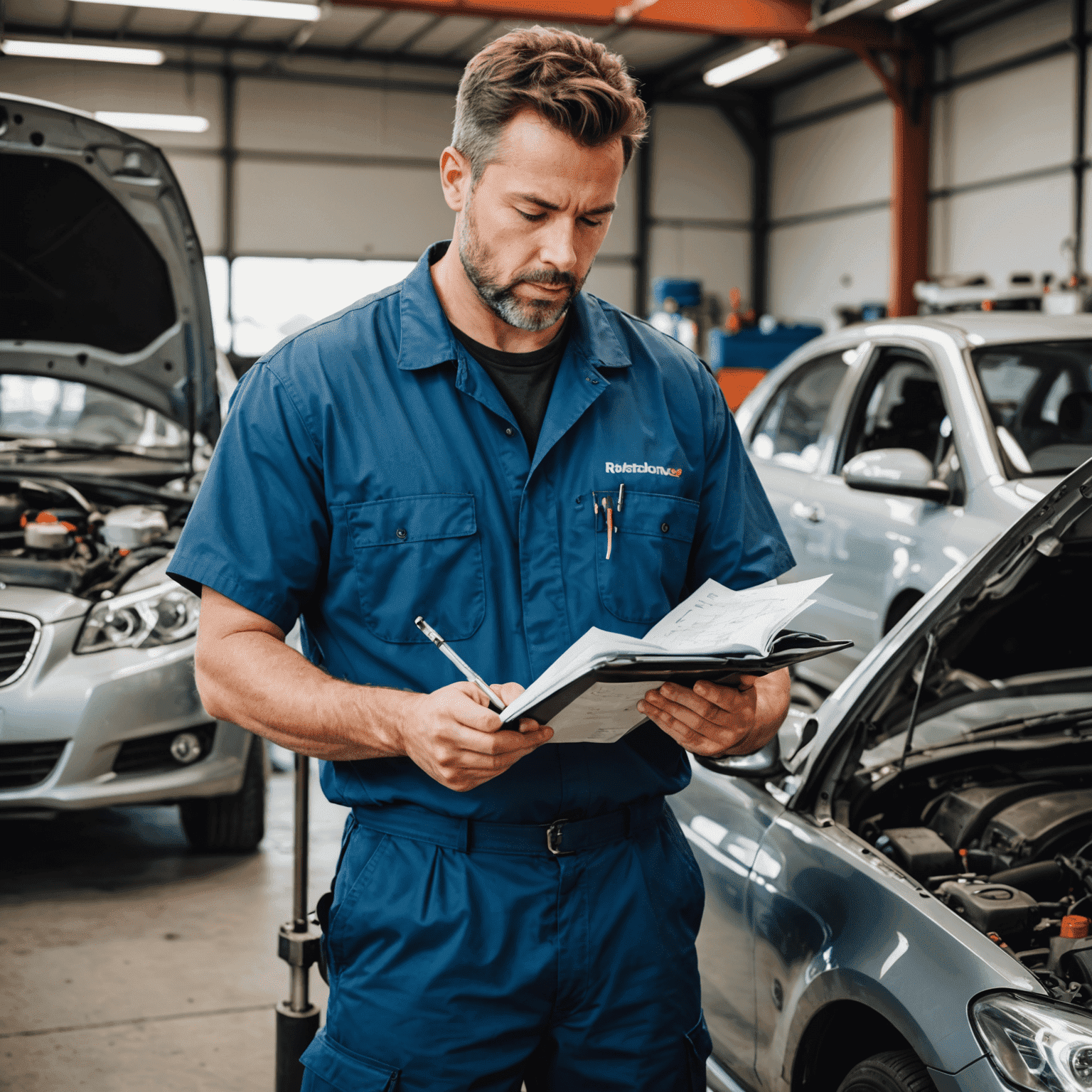 Een monteur die een auto met hoge kilometerstand inspecteert, met op de achtergrond een checklist van onderhoudstaken en verzekeringsformulieren, wat het belang van onderhoud voor verzekerbaarheid benadrukt.