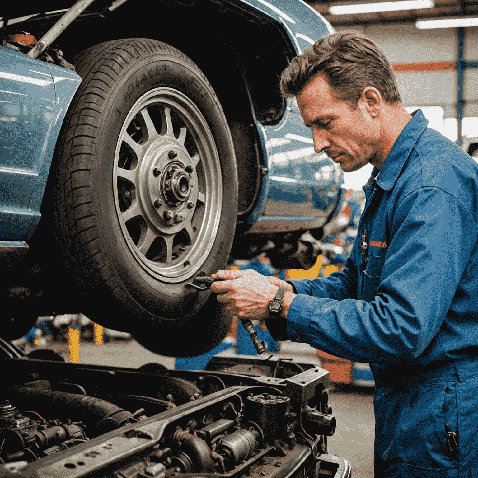 Een monteur die onderhoud uitvoert aan een oudere auto, met focus op cruciale onderdelen zoals remmen en motor, wat het belang van goed onderhoud voor verzekerbaarheid illustreert.